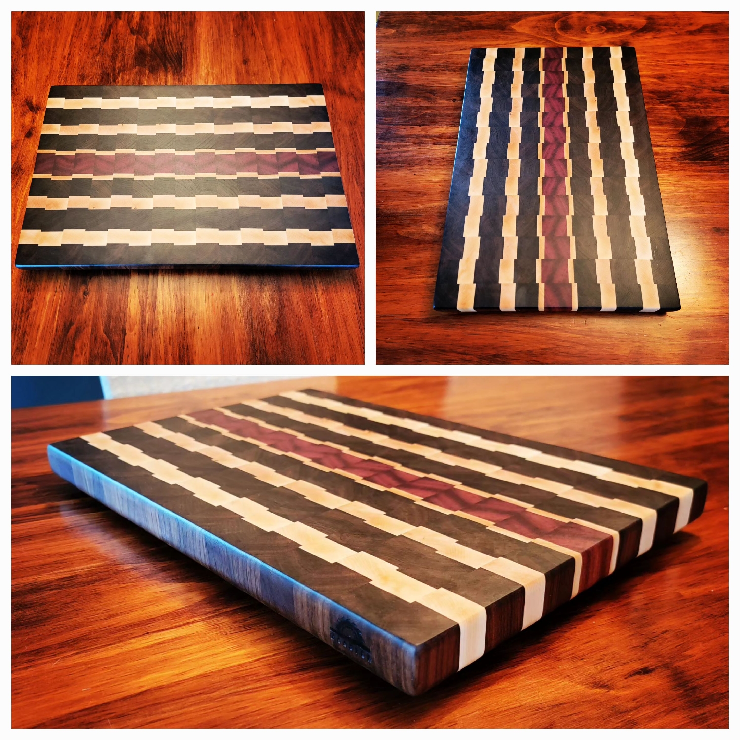 Custom Edge Grain Cutting Board - Black Walnut, Hard Maple, Purple Heart